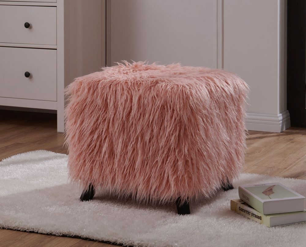 Product photograph of Heavy Shag Pink Faux Sheepskin Fur Cube Stool from Choice Furniture Superstore.