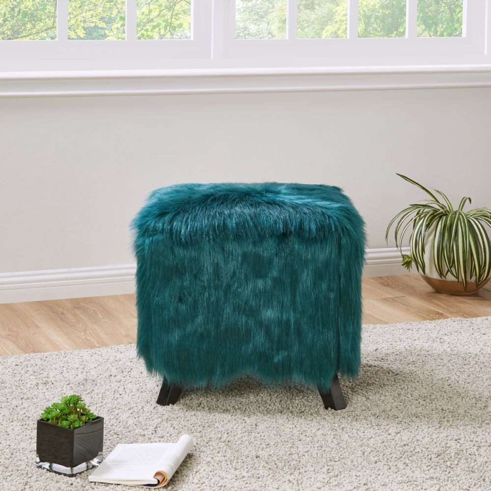 Product photograph of Heavy Shag Teal Faux Sheepskin Fur Cube Stool from Choice Furniture Superstore.