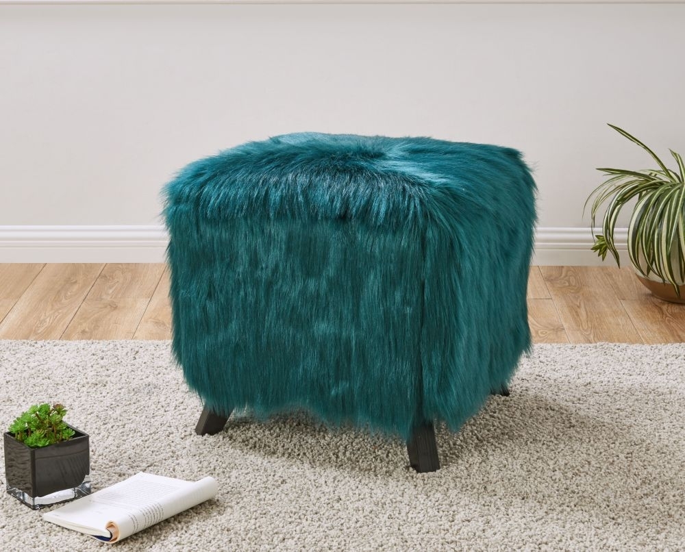 Product photograph of Heavy Shag Teal Faux Sheepskin Fur Cube Stool from Choice Furniture Superstore.