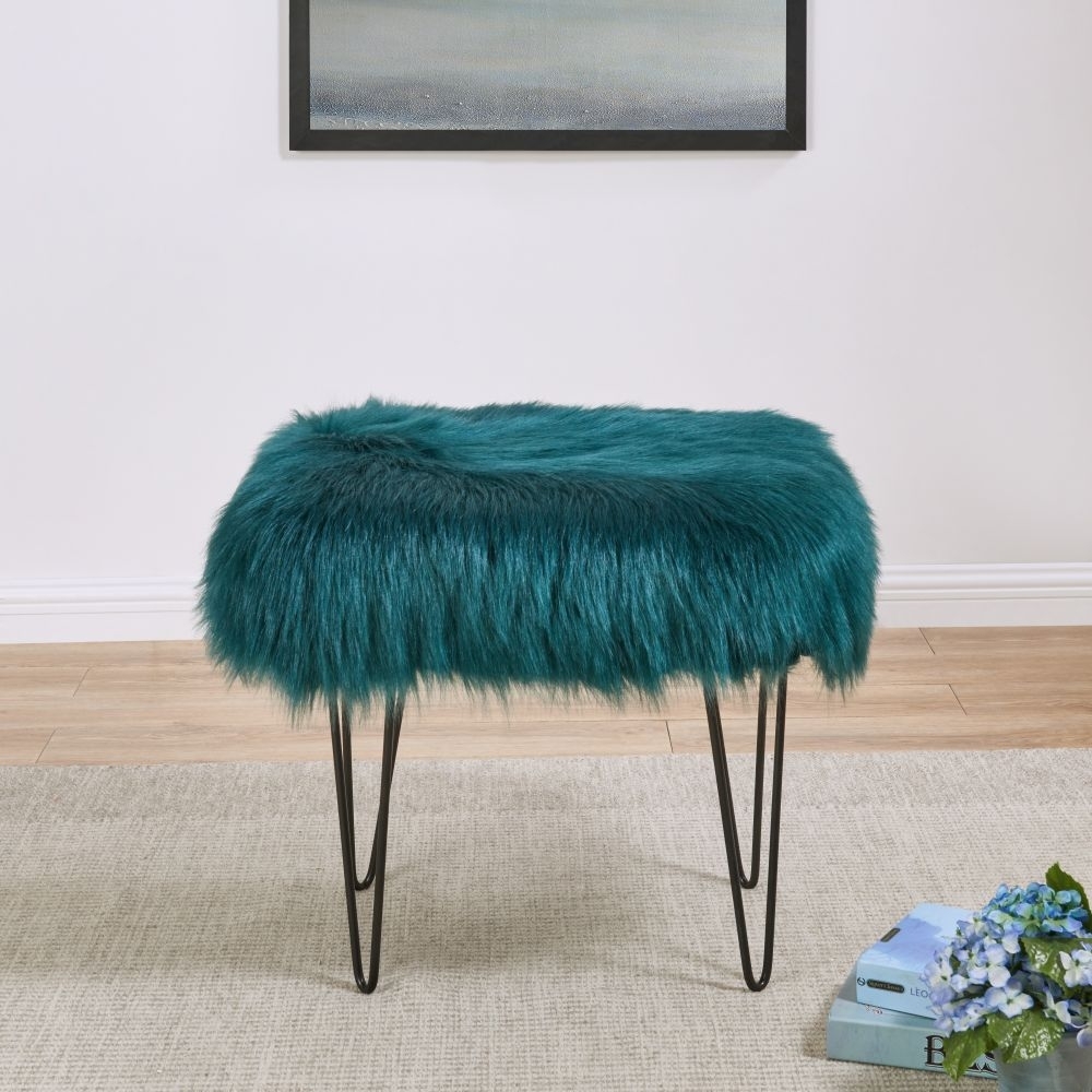 Product photograph of Teal Faux Sheepskin Fur Stool from Choice Furniture Superstore.