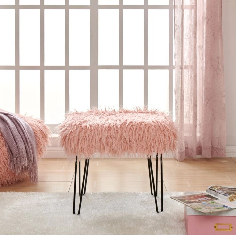 Product photograph of Pink Faux Sheepskin Fur Stool from Choice Furniture Superstore.