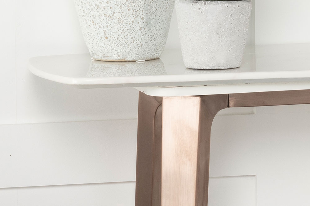 Product photograph of Clearance - Aurora Marble Console Table White Rectangular Top With Bronze Copper Finish Steel Base from Choice Furniture Superstore.