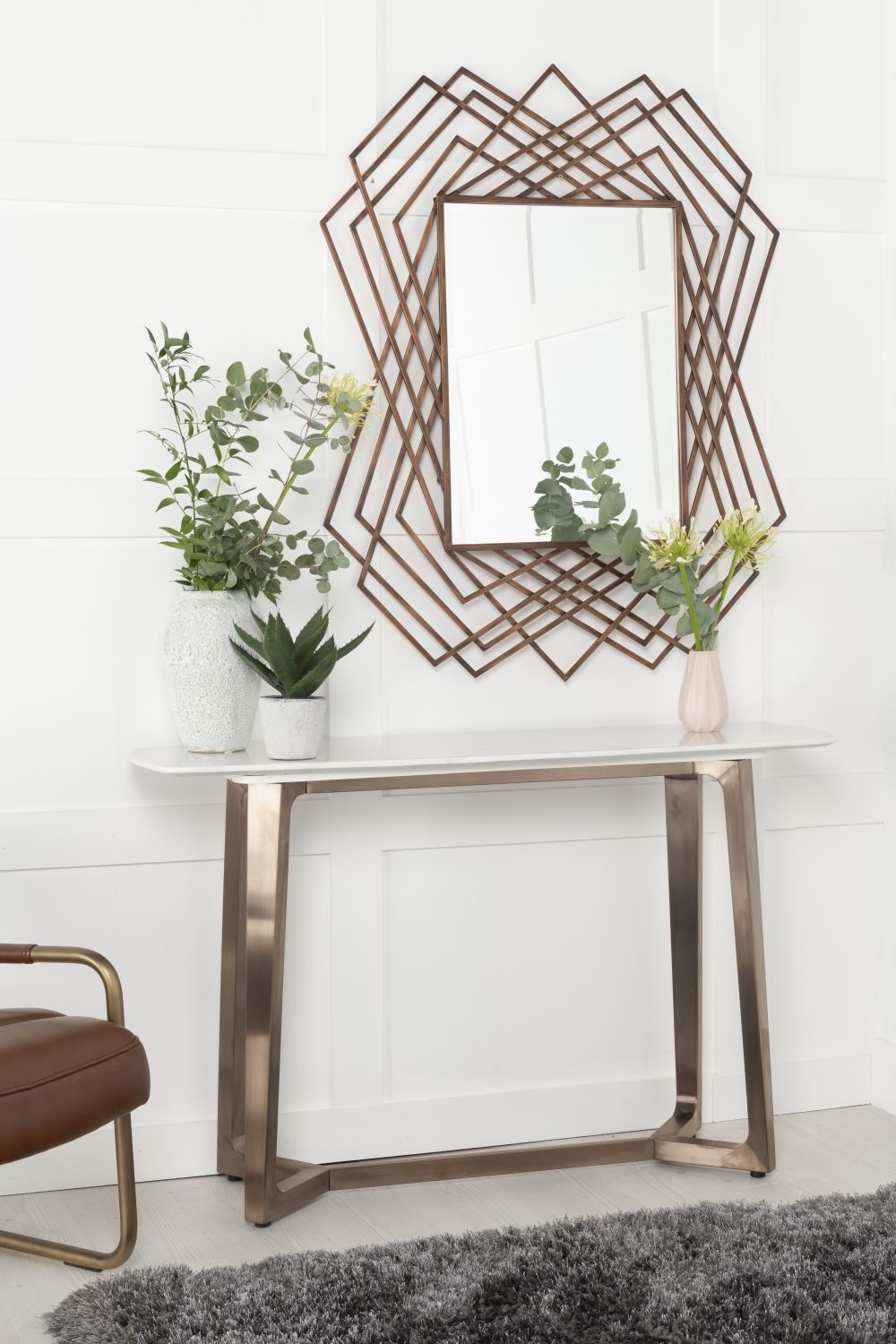 Product photograph of Clearance - Aurora Marble Console Table White Rectangular Top With Bronze Copper Finish Steel Base from Choice Furniture Superstore.