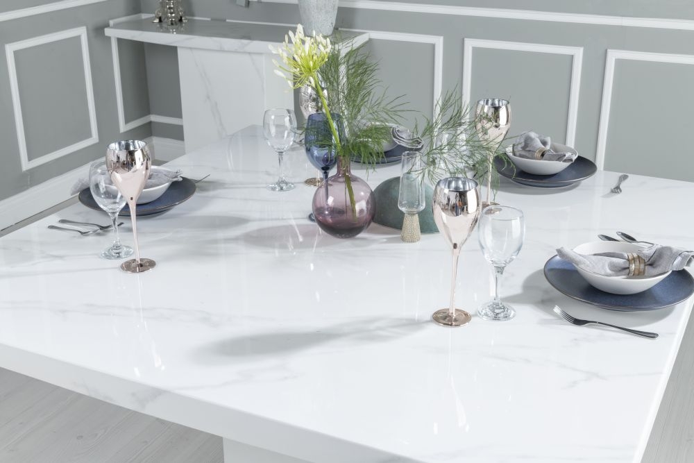 Product photograph of Turin Marble Dining Table Set Square White Top And Pedestal Base With Grey Fabric Knockerback Chairs from Choice Furniture Superstore.