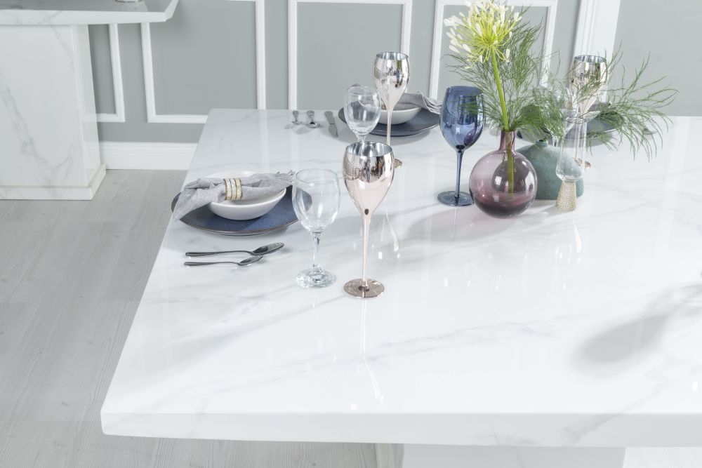 Product photograph of Turin Marble Dining Table Set Square White Top And Pedestal Base With Grey Fabric Knockerback Chairs from Choice Furniture Superstore.