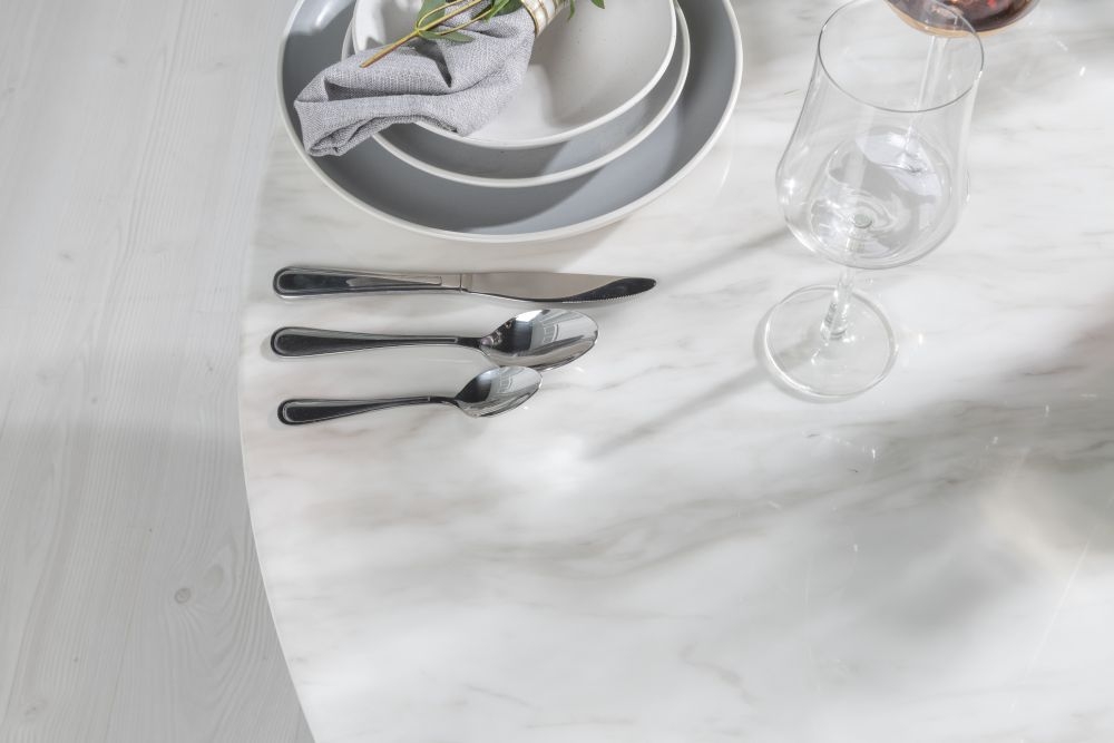 Product photograph of Carrera Marble Dining Table White 130cm Seats 4 To 6 Diners Round Top With Cone Pedestal Base from Choice Furniture Superstore.