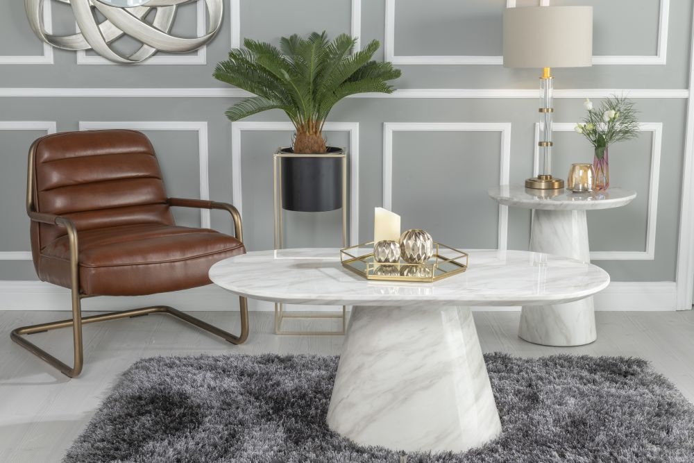 Product photograph of Carrera Marble Coffee Table White Oval Top With Cone Pedestal Base from Choice Furniture Superstore.