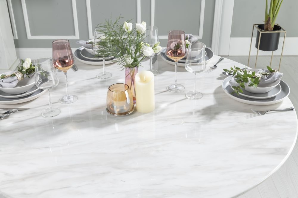 Product photograph of Carrera Marble Dining Table Set For 4 To 6 Diners 130cm Round White Top With Cone Pedestal Base - Grey Knockerback Chairs from Choice Furniture Superstore.