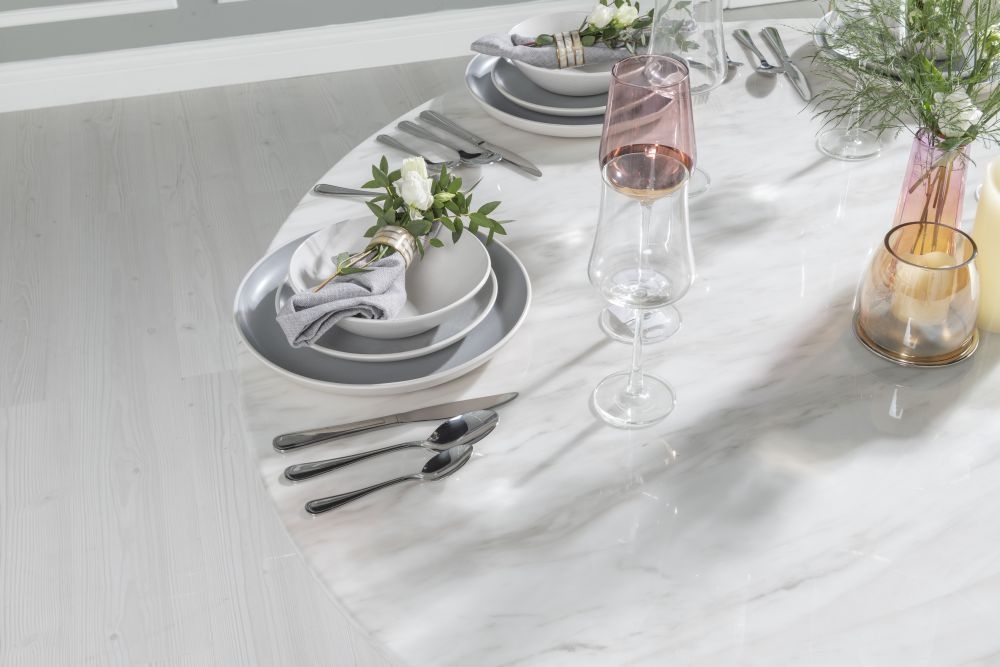 Product photograph of Carrera Marble Dining Table Set For 4 To 6 Diners 130cm Round White Top With Cone Pedestal Base - Grey Knockerback Chairs from Choice Furniture Superstore.