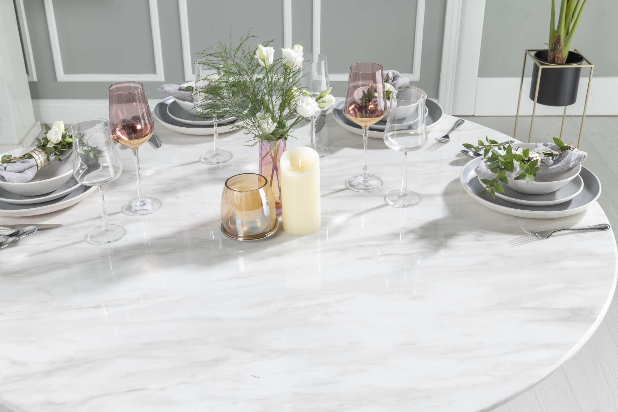 Product photograph of Carrera 130cm White Marble Round Dining Set - Black Knockerback Chairs from Choice Furniture Superstore.