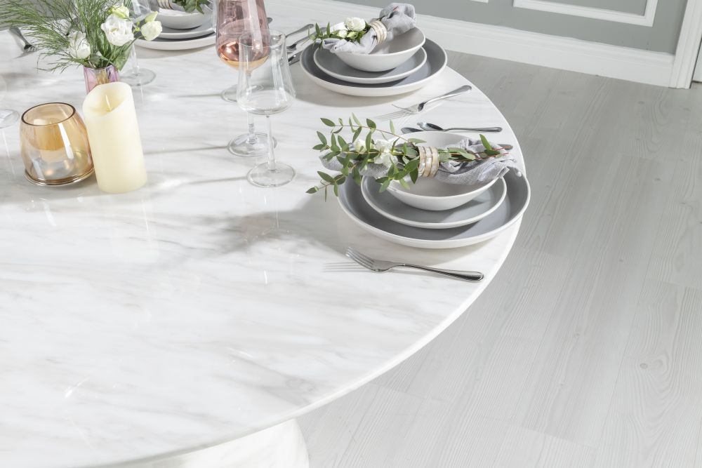 Product photograph of Carrera Marble Dining Table Set For 4 To 6 Diners 130cm Round White Top With Cone Pedestal Base - Black Knockerback Chairs from Choice Furniture Superstore.