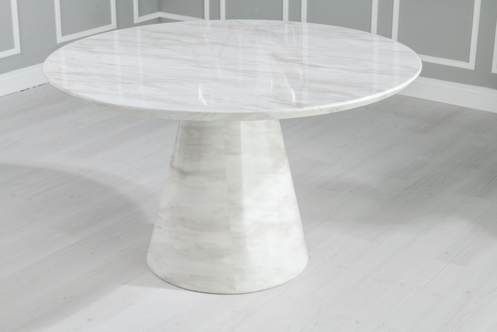 Product photograph of Carrera Marble Dining Table Set For 4 To 6 Diners 130cm Round White Top With Cone Pedestal Base - Paris Chairs from Choice Furniture Superstore.
