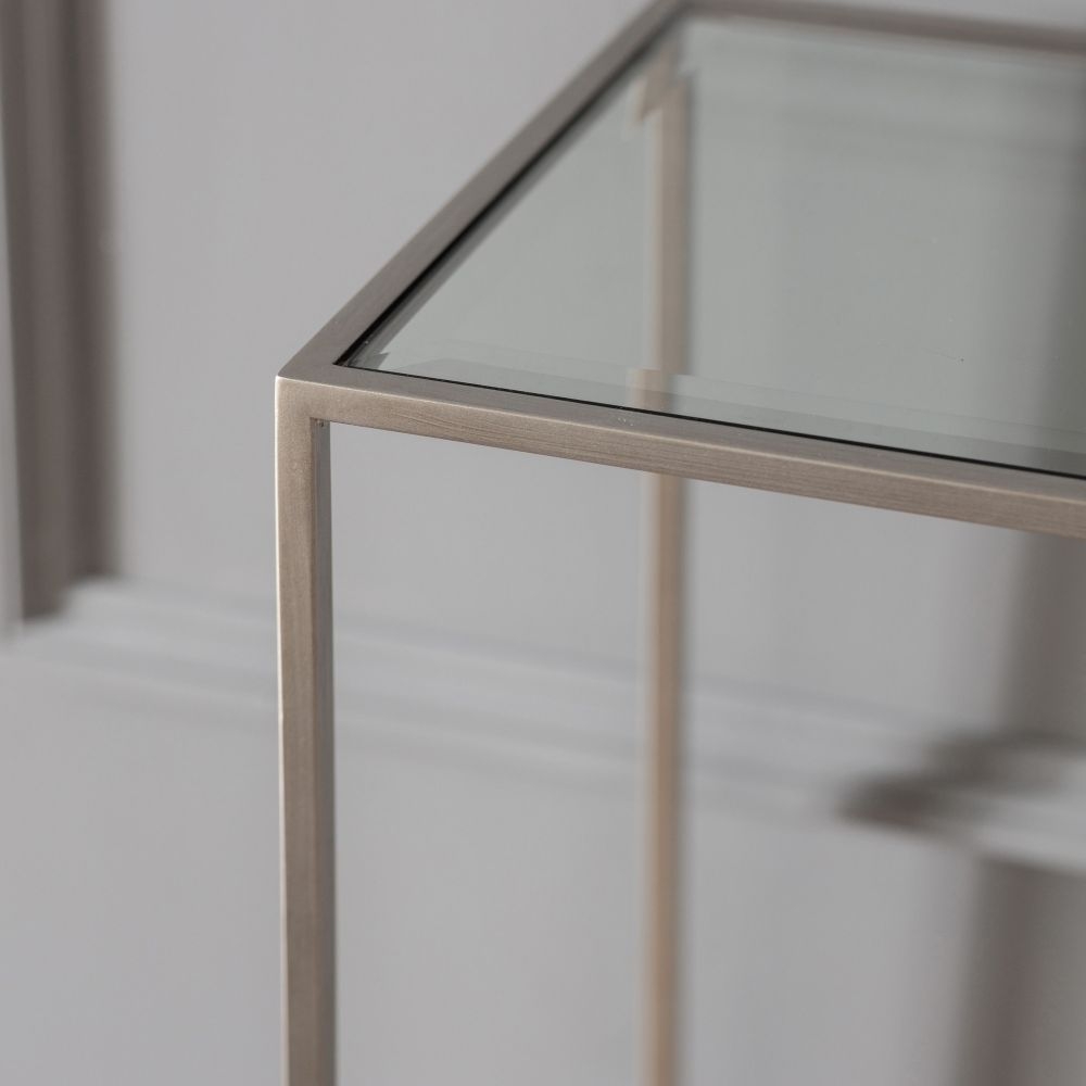 Product photograph of Rothbury Clear Glass And Silver 110cm Console Table from Choice Furniture Superstore.