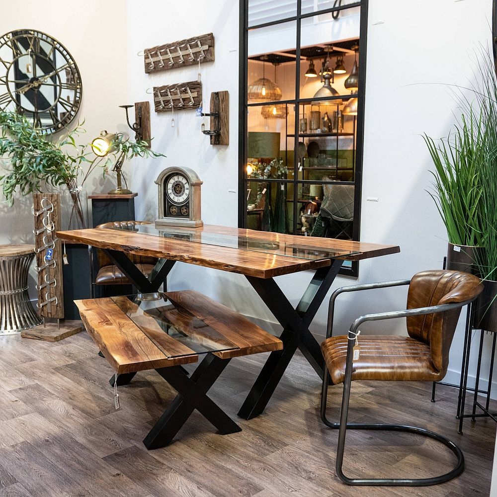 Product photograph of Live Edge Glass Inlay 6 Seater Dining Table - Acacia Wood And Metal from Choice Furniture Superstore.