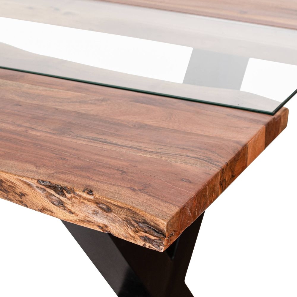 Product photograph of Live Edge Glass Inlay 6 Seater Dining Table - Acacia Wood And Metal from Choice Furniture Superstore.