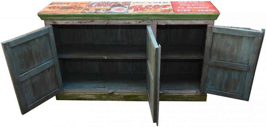 Product photograph of Kufri Hand Painted Vintage Ad 3 Door Sideboard from Choice Furniture Superstore.