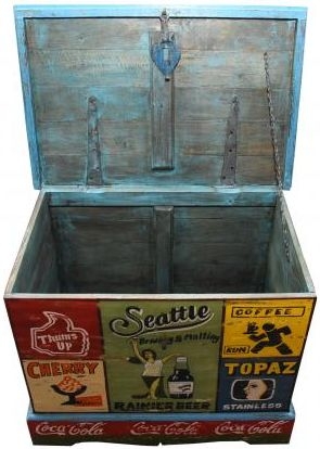 Product photograph of Kufri Hand Painted Vintage Ad Storage Trunk from Choice Furniture Superstore.