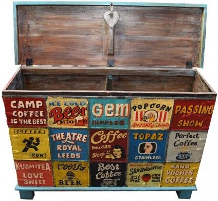 Product photograph of Kufri Hand Painted Vintage Ad Narrow Trunk from Choice Furniture Superstore.