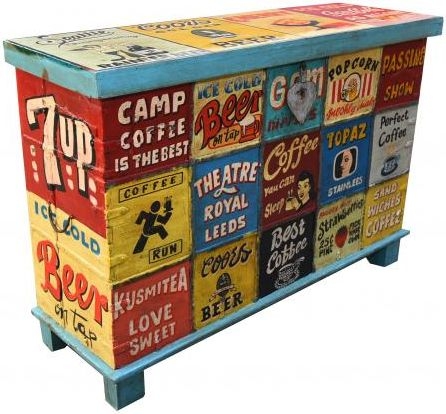 Product photograph of Kufri Hand Painted Vintage Ad Narrow Trunk from Choice Furniture Superstore.