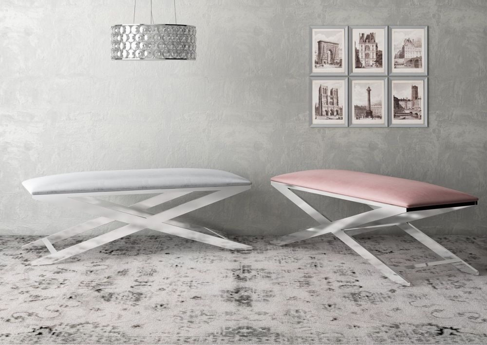 Product photograph of Vertue Pink Plush Velvet And Chrome Bench from Choice Furniture Superstore.