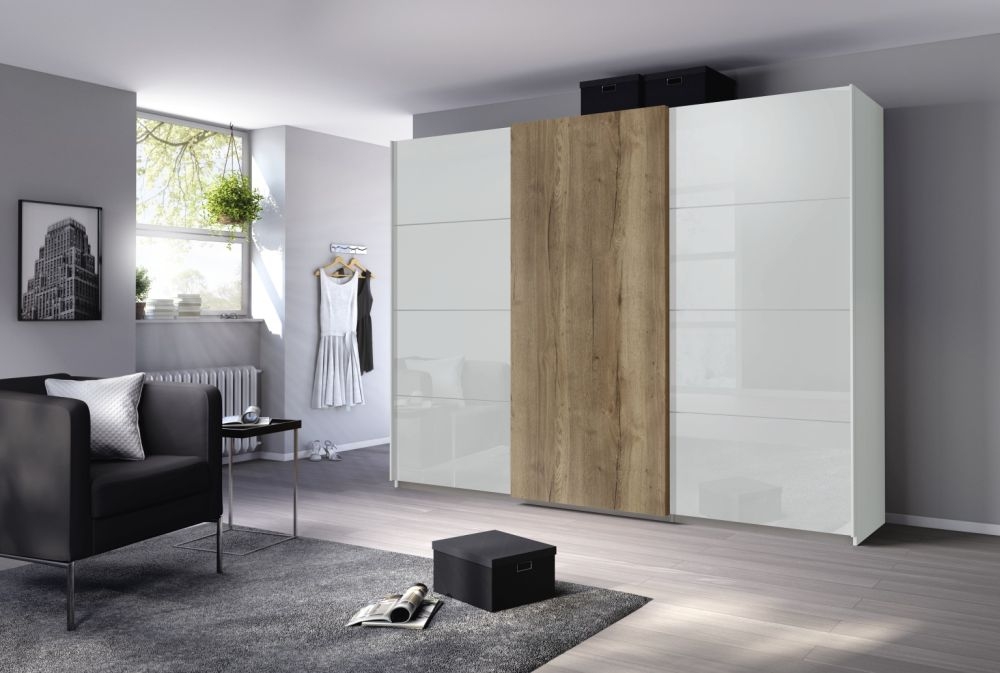 Product photograph of Halifax 3 Door Sliding Wardrobe In Alpine White And Glass White With Oak - W 271cm from Choice Furniture Superstore.