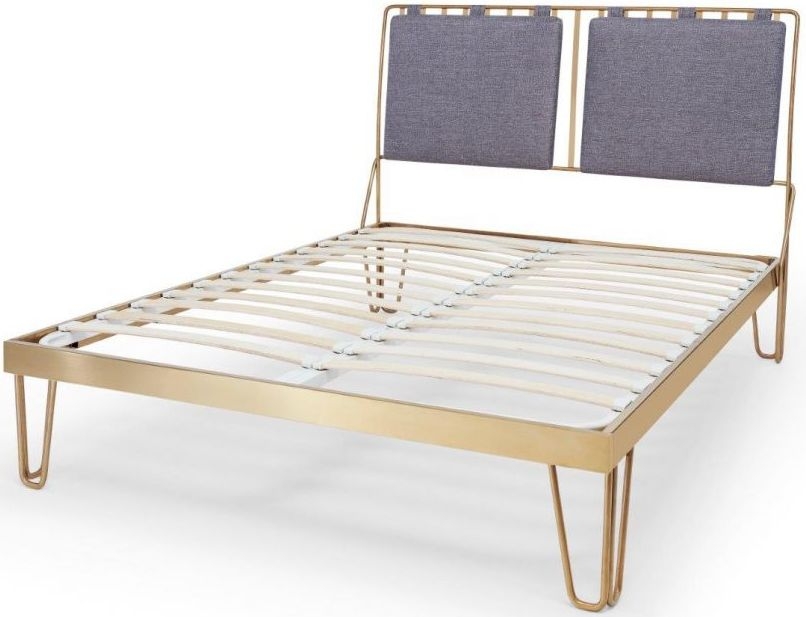 Product photograph of Gillmore Space Finn Brass Brushed Bedstead Frame With Pewter Woven Fabric Headboard from Choice Furniture Superstore.