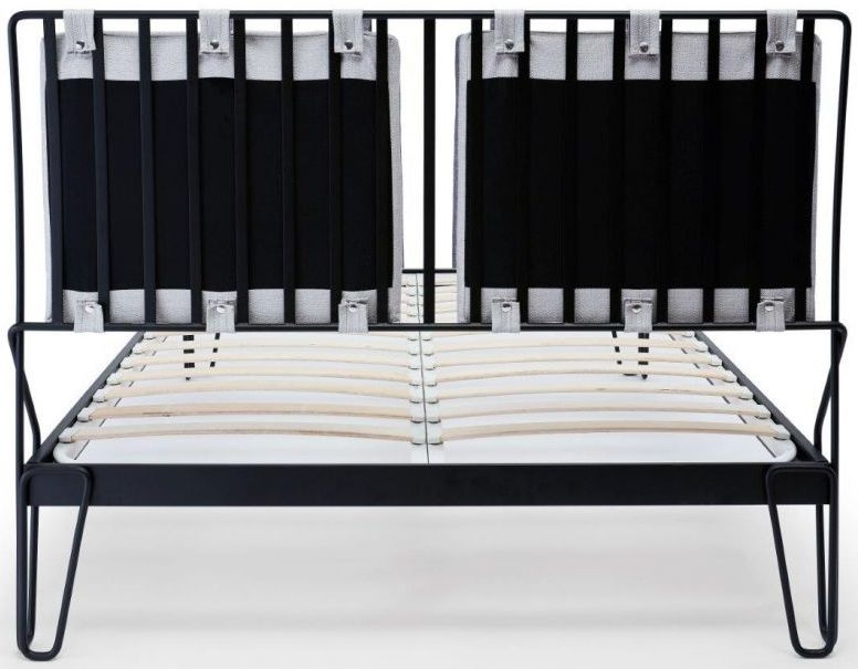 Product photograph of Finn Black Metal Bed Frame With Silver Woven Fabric Headboard - Sizes Available from Choice Furniture Superstore.