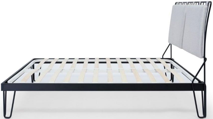 Product photograph of Finn Black Metal Bed Frame With Silver Woven Fabric Headboard - Sizes Available from Choice Furniture Superstore.