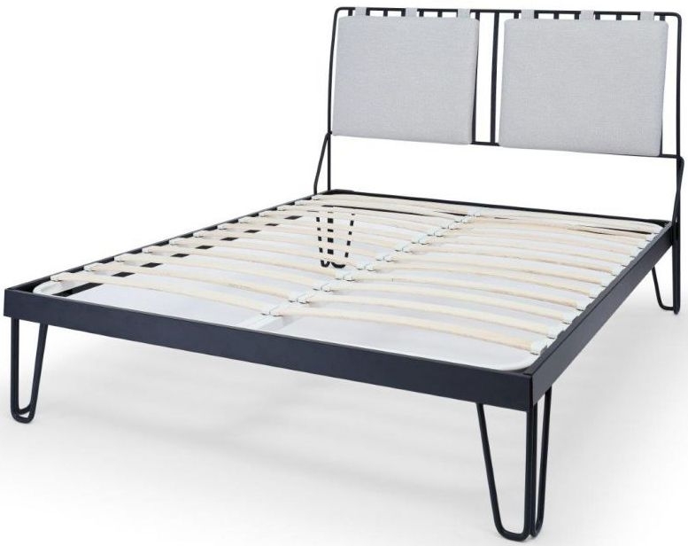 Product photograph of Finn Black Metal Bed Frame With Silver Woven Fabric Headboard - Sizes Available from Choice Furniture Superstore.