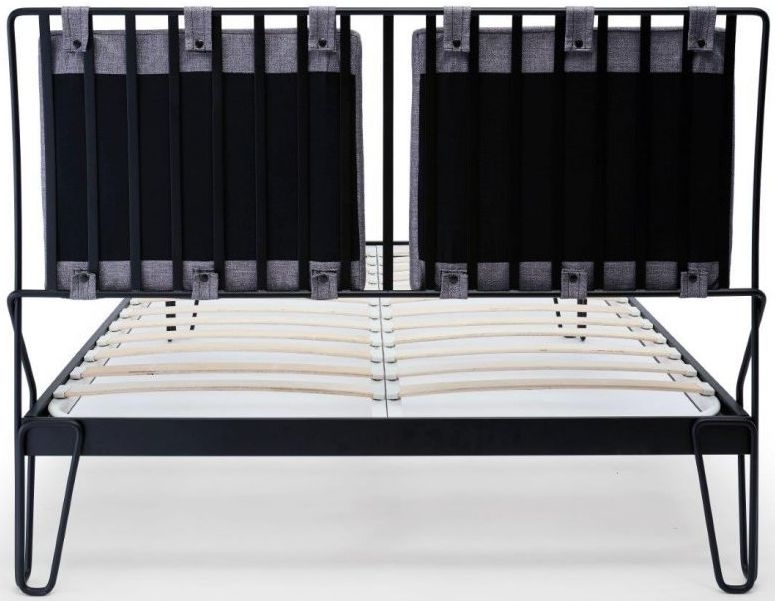 Product photograph of Finn Black Metal Bed Frame With Pewter Woven Fabric Headboard - Sizes Available from Choice Furniture Superstore.