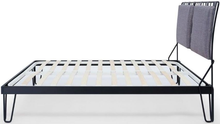 Product photograph of Finn Black Metal Bed Frame With Pewter Woven Fabric Headboard - Sizes Available from Choice Furniture Superstore.