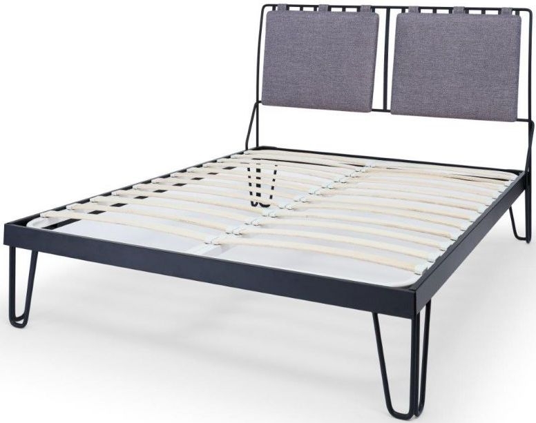 Product photograph of Finn Black Metal Bed Frame With Pewter Woven Fabric Headboard - Sizes Available from Choice Furniture Superstore.