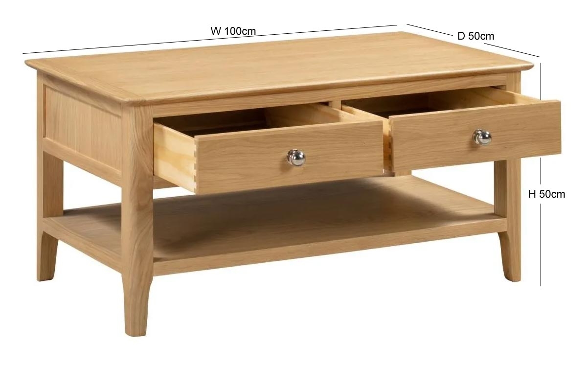 Product photograph of Cotswold Oak 2 Drawer Coffee Table from Choice Furniture Superstore.