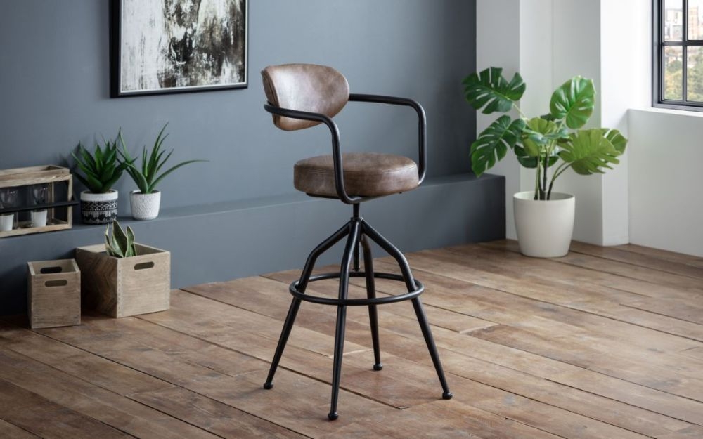 Product photograph of Barbican Brown Leather Swivel Bar Stool High Back Sold In Pairs from Choice Furniture Superstore.