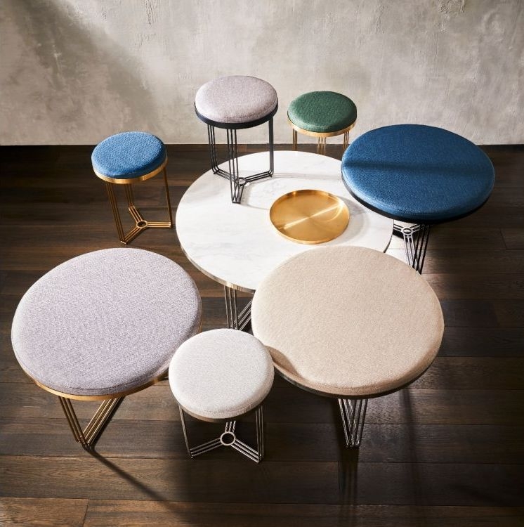 Product photograph of Finn Blue Woven Upholstered And Brass Brushed Round Side Table from Choice Furniture Superstore.