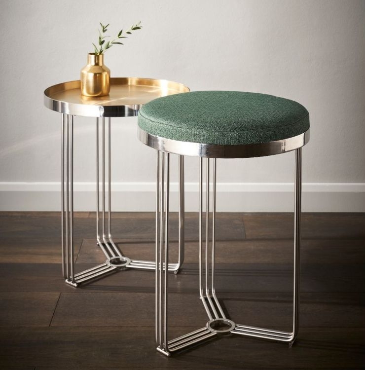 Product photograph of Finn Green Woven Upholstered And Brass Brushed Round Side Table from Choice Furniture Superstore.