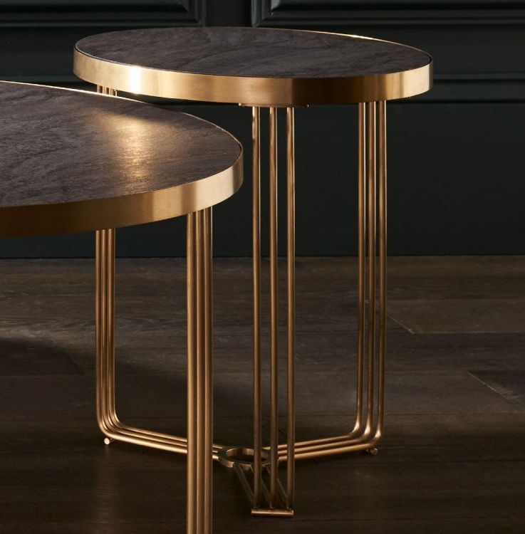 Product photograph of Gillmore Space Finn Dark Oak Laminate And Brass Brushed Round Side Table from Choice Furniture Superstore.