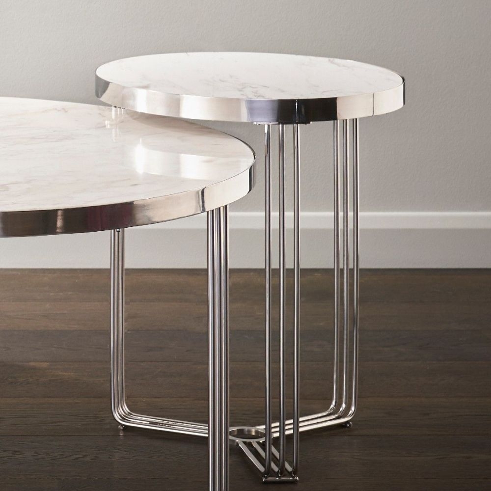 Product photograph of Gillmore Space Finn White Marble And Chrome Round Side Table from Choice Furniture Superstore.