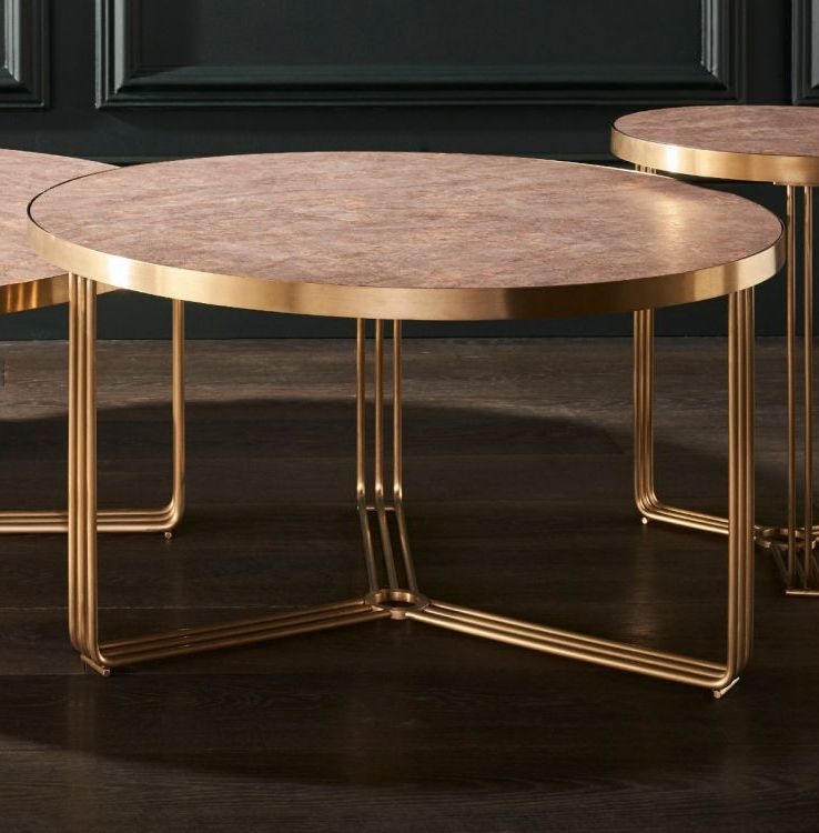 Product photograph of Finn Dark Stone And Brass Metal Round Coffee Table from Choice Furniture Superstore.