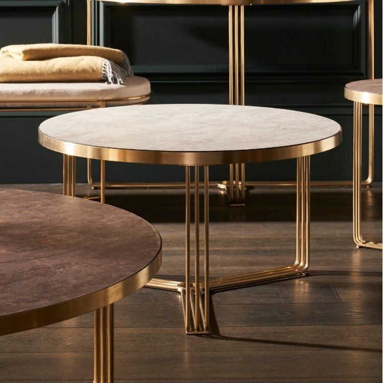 Product photograph of Finn Pale Stone And Brass Metal Round Coffee Table from Choice Furniture Superstore.