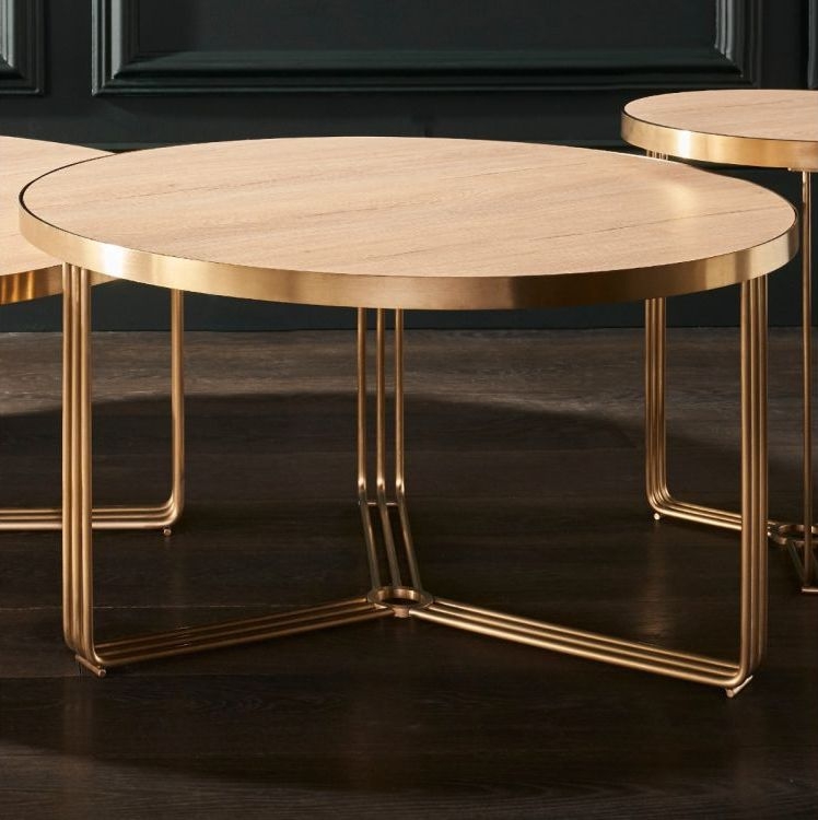 Product photograph of Finn Pale Oak And Brass Metal Round Coffee Table from Choice Furniture Superstore.