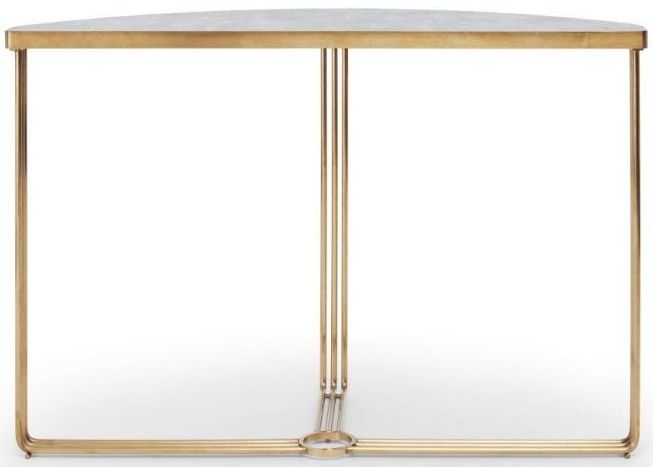 Product photograph of Gillmore Space Finn Pale Stone Laminate And Brass Brushed Half Moon Console Table from Choice Furniture Superstore.