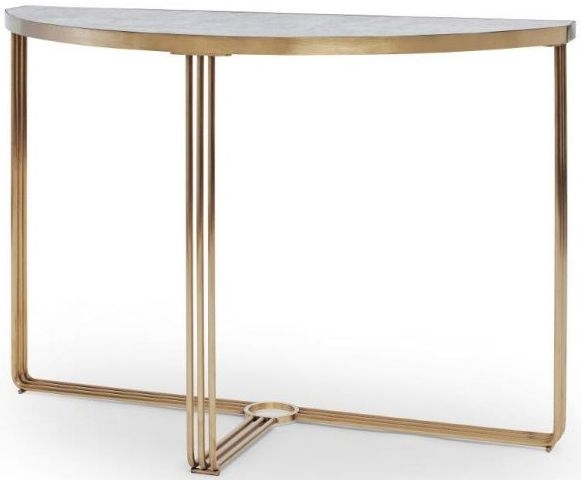 Product photograph of Gillmore Space Finn Pale Stone Laminate And Brass Brushed Half Moon Console Table from Choice Furniture Superstore.