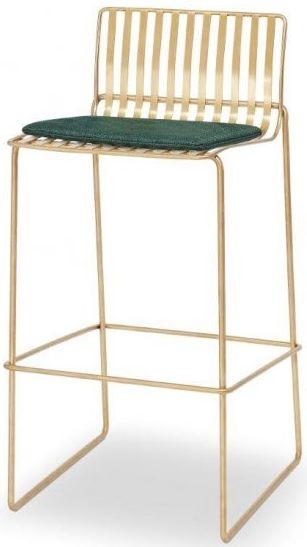 Product photograph of Gillmore Space Finn Conifer Green Woven Fabric And Brass Brushed Bar Stool Sold In Pairs from Choice Furniture Superstore.