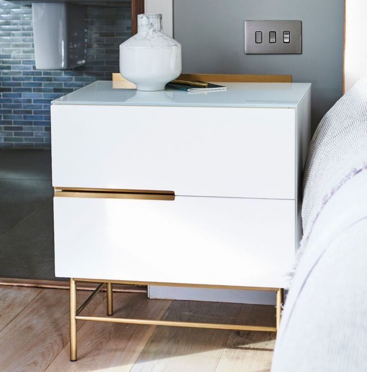 Product photograph of Alberto White And Brass Metal 2 Drawer Bedside Cabinet from Choice Furniture Superstore.