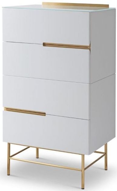 Product photograph of Gillmore Space Alberto White Matt Lacquer And Brass Brushed 4 Drawer Narrow Chest from Choice Furniture Superstore.