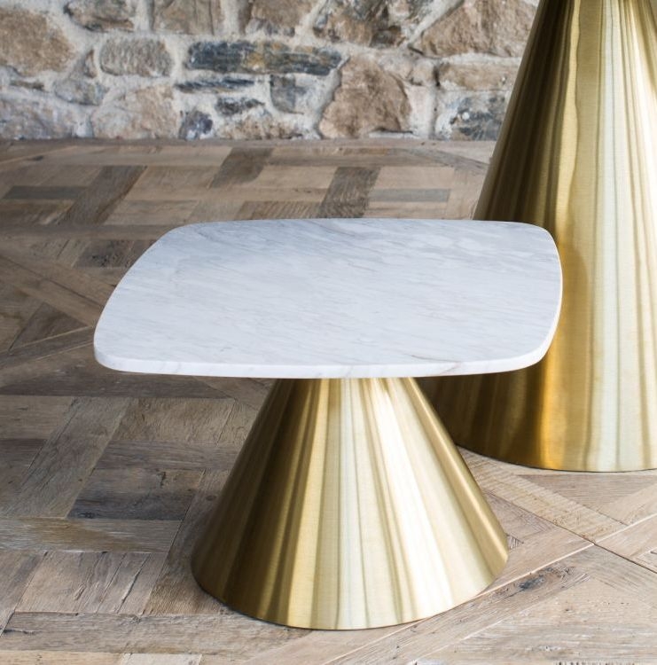 Product photograph of Gillmore Space Oscar White Marble Large Square Coffee Table With Brass Brushed Conical Base from Choice Furniture Superstore.