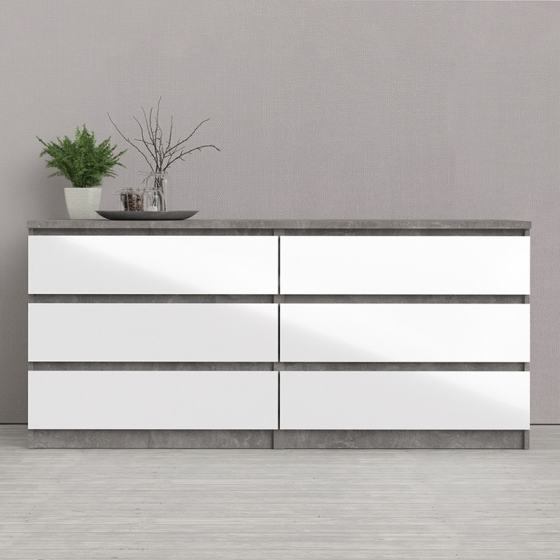 Product photograph of Naia Wide Chest Of 6 Drawer In Concrete And White High Gloss from Choice Furniture Superstore.