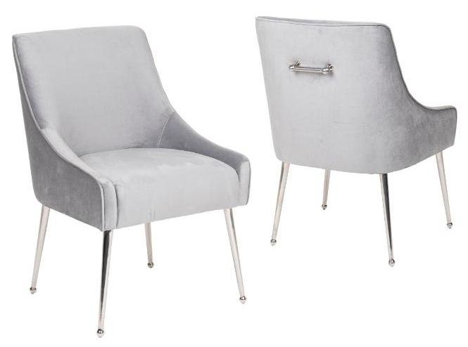 Product photograph of Giovanni Light Grey Dining Chair Velvet Fabric Upholstered With Back Handle And Chrome Legs from Choice Furniture Superstore.