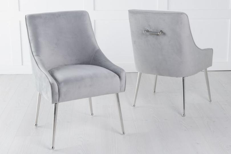Product photograph of Giovanni Light Grey Dining Chair Velvet Fabric Upholstered With Back Handle And Chrome Legs from Choice Furniture Superstore.